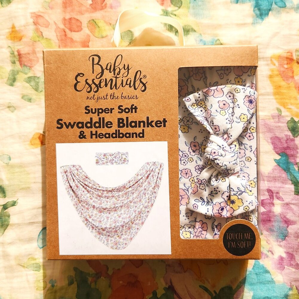 NWT Baby Essentials White/pink/yellow/blue floral swaddle blanket/headband set.